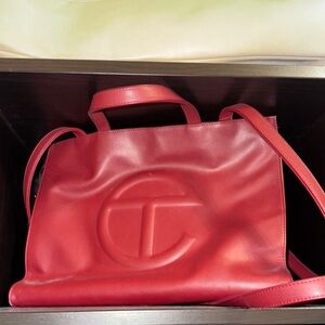 Telfar Red Tote Bag with Embossed Logo and Long Strap